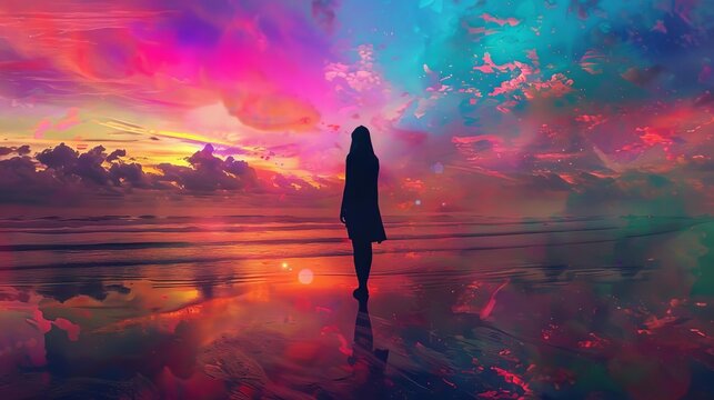silhouette of a woman watching a dreamy colorful sky on the beach surreal digital painting