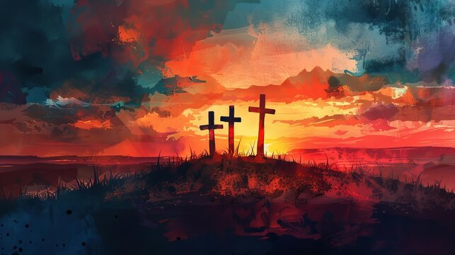 silhouette of three wooden crosses on a hill at sunset spiritual christian symbol digital watercolor painting