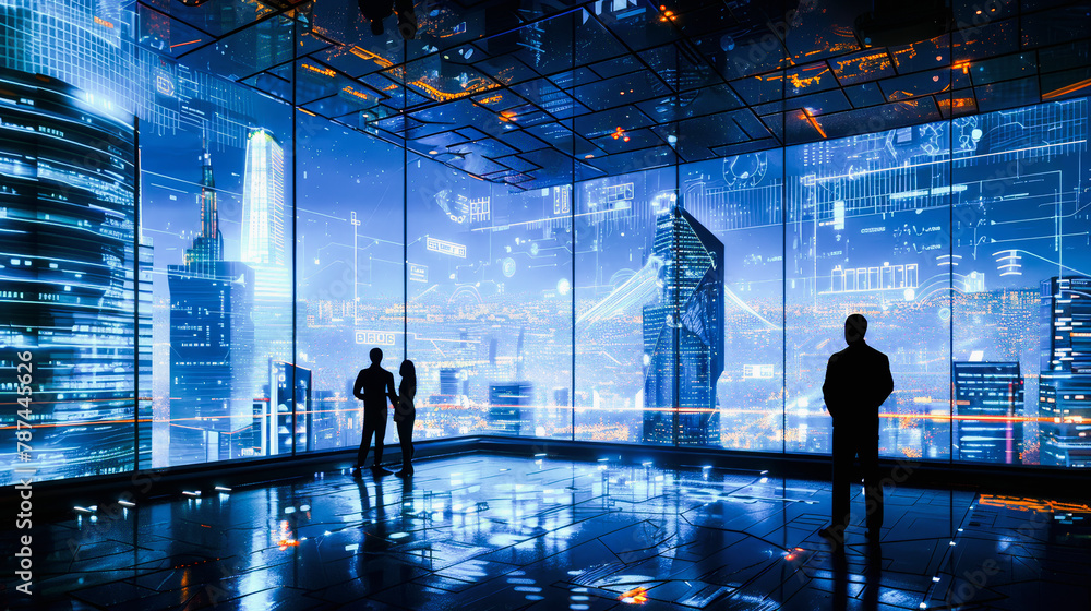 Aufkleber futuristic control room overlooking a cityscape with digital screens displaying graphs and data, as 