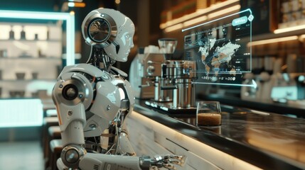 Fototapeta na wymiar Futuristic robot barista preparing coffee in a modern minimalist cafe