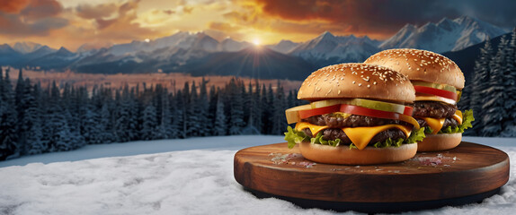 A mouth watering yummy large burger on wooden stand in the winter mountains. Homemade unhealthy fast food, copy space.