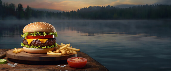 A mouth watering yummy large burger on wooden stand on the lake shore. Homemade unhealthy fast...