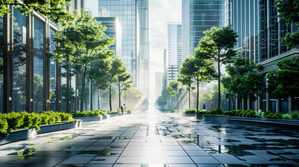 Modern cityscape with skyscrapers, a pedestrian pathway lined with trees, and greenery under a clear sky, reflecting a balance of nature and urban development.