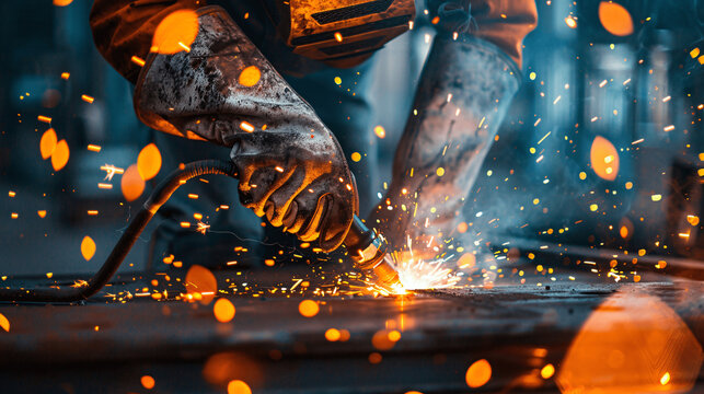 Close Up View of A Welder Hands Welding Steel at Construction Site Wearing Gloves 