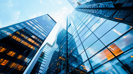 Fototapeta premium Low-angle view of modern skyscrapers with reflective glass facades against a clear blue sky in a bustling urban financial district.