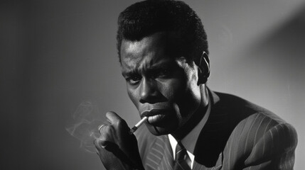 With a cigarette holder in hand and a perfectly coiffed hairstyle a black man exudes an air of classic cinema charm in this black and white portrait. His tailored suit and debonair .