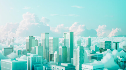 A stylized image of a city skyline emerging above fluffy clouds under a soft blue sky, giving a dreamlike cityscape view, Everyday Business