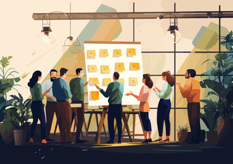 Diverse business people brainstorming ideas with whiteboard, sticky notes - Minimalist vector illustration of workshop, training course, Q&A session