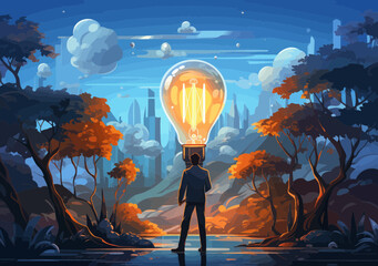 Curiosity Detective Man with Lightbulb Idea, Solving Problems through Discovery, Innovation and Creative Thinking | Minimalistic Illustration - obrazy, fototapety, plakaty