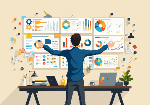 Entrepreneur project manager organizing resources on dashboards for strategic planning, task scheduling, and development workflow management