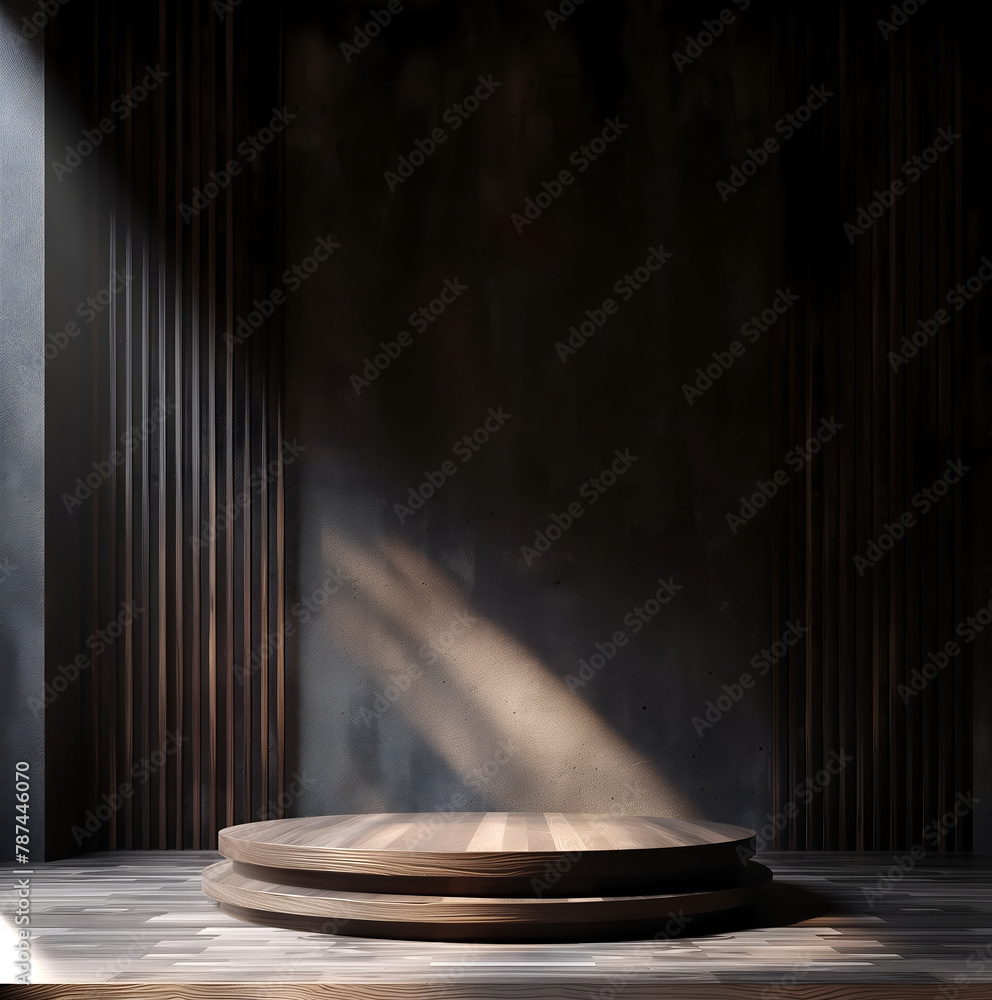 Poster abstract minimal concept. wooden round wood podium stage on rustic wooden table and dark textured ba