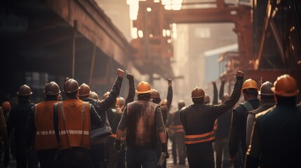 Group of engineers and workers working in the factory. Industrial background.