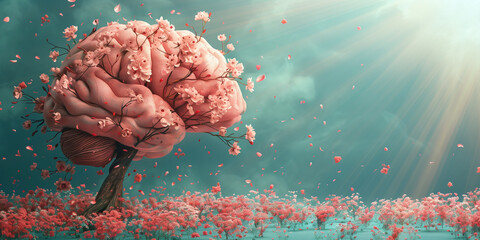 Human brain tree with flowers, self esteem, positive attitude, creative mind, mental health and hope, light of sun shinning through clouds  - obrazy, fototapety, plakaty
