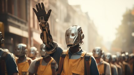 Rear view of a group of people wearing protective gear and waving their hands - Powered by Adobe
