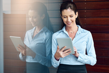 Business woman, typing and tablet for agenda in office, schedule and app for research planning....