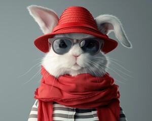 Chic white bunny with red accessories, perfect for quirky and creative concepts - 787446473