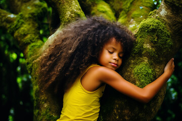 Girl is hugging a tree. Tree hugger in tropical forest environment.