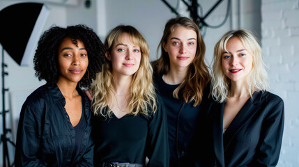 Fototapeta premium Four women with varying hairstyles smiling for a photo in a studio with a photography umbrella in the background.