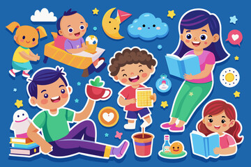ntroducing our vector sticker series capturing playful interactions between parents and children in charming scenes like reading bedtime stories, playing games