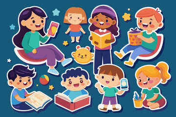 ntroducing our vector sticker series capturing playful interactions between parents and children in charming scenes like reading bedtime stories, playing games