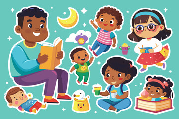 ntroducing our vector sticker series capturing playful interactions between parents and children in charming scenes like reading bedtime stories, playing games