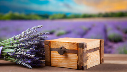 Wooden trunk podium with lavenders in backdrop for product or cosmetic presentation; cosmetology treatments and healthcare promotion