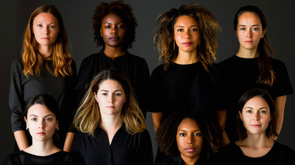 Obraz premium Eight women standing in two rows, four in each, wearing black and posing against a dark background with neutral expressions.