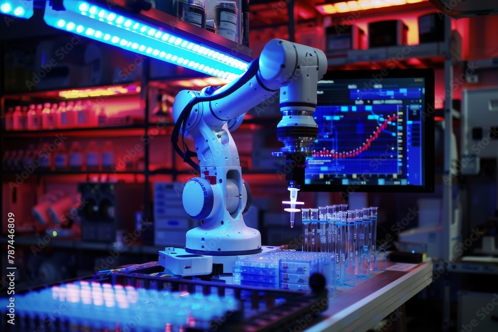 Poster futuristic robotic arm handling samples in a high-tech laboratory illuminated by blue lights