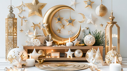 Elegant Ramadan decoration with crescent moon, stars, lanterns, and baubles in gold and white, creating a festive and serene ambiance.