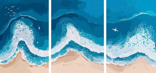 Hand drawn vector illustrations of aerial view of ocean waves reaching the coastline, beach, sand, sea shore with blue waves, top view overhead seaside. isolated cards. Travel concept. - obrazy, fototapety, plakaty