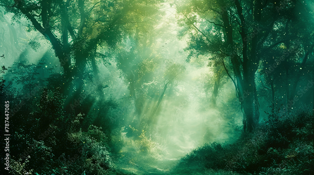 Aufkleber enchanted misty forest with sunbeams filtering through trees, creating a mystical atmosphere on a se