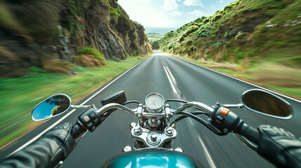 A motorcyclist speeding along a scenic road, feeling the rush of wind and freedom
