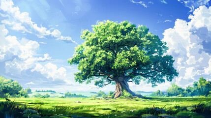 Lush tree with expansive branches in a vibrant green meadow under a clear blue sky dotted with fluffy white clouds. - obrazy, fototapety, plakaty