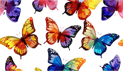 Colorful butterflies, beautiful nature flying insects, butterfly silhouettes, gradient colors, hand-drawn modern illustration, square seamless pattern background wallpaper template.