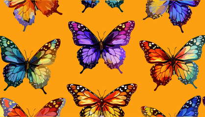 Colorful butterflies, beautiful nature flying insects, butterfly silhouettes, gradient colors, hand-drawn modern illustration, square seamless pattern background wallpaper template.