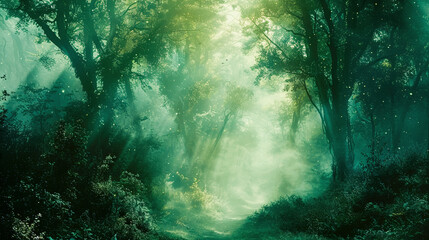 Enchanted misty forest with sunbeams filtering through trees, creating a mystical atmosphere on a serene, shadowy woodland path.