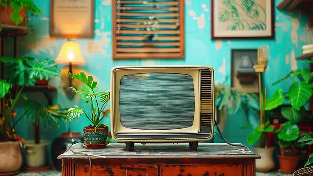 Retro tube tv, Old vintage 90s television with grainy noise, green screen  for replacement, inside a house with plants
