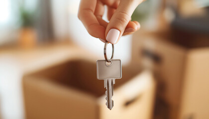 Close-up of hand holding silver key with square keychain against background of cardboard moving boxes. Image evokes concepts of moving, relocation, and new beginnings. Home sweet home concept image. - obrazy, fototapety, plakaty