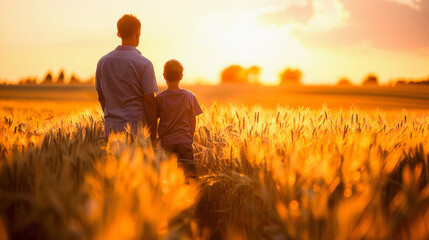 Two people, likely father and son, sitting in a wheat field during sunset, enjoying a peaceful, serene moment together.