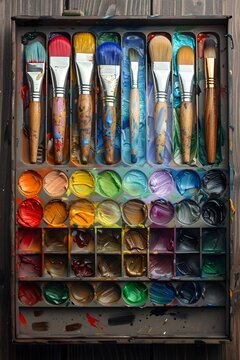 K&uuml;nstlerpinsel mit bunter Farbpalette im Atelier