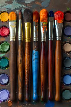 Malpinsel mit bunten Farbt&ouml;pfen f&uuml;r kreative Kunst