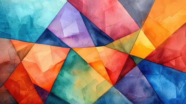 Bold Geometric Watercolor Composition with Vibrant Intersecting Shapes and Fluid Colors
