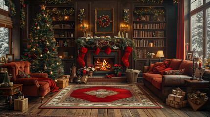Festive living room decorated for christmas with fireplace. Generative AI