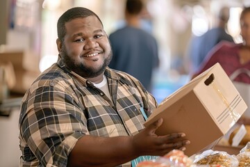A friendly market vendor smiles while holding a cardboard box, embodying community and local commerce in a vibrant marketplace - obrazy, fototapety, plakaty