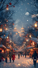 Obraz premium Christmas scene with people walking through the snow. Generative AI