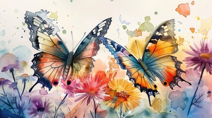 Delicate Watercolor Butterflies Fluttering Amidst Blooming Garden Flowers in Vibrant Colors