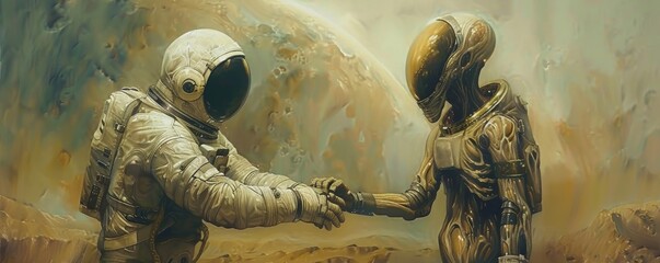 Astronaut in a space suit handshake with alien against a backdrop of interstellar space.