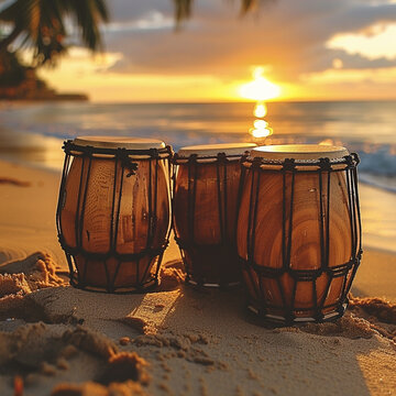 The 3D bongo drums nestled on a sandy beach at sunset is formed by bongos wood color and sunset vibrant light. In the background in black color. Stylish in the style of light painting.