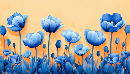 Illustration of blue poppies with various blooming stages on a warm orange background.