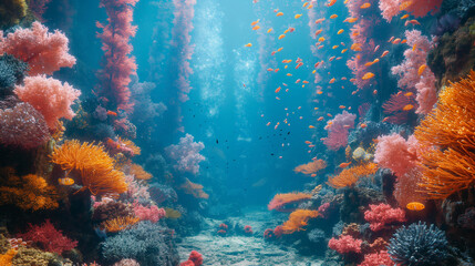 Naklejka na ściany i meble Abundant fish life in a vibrant coral reef. Generative AI